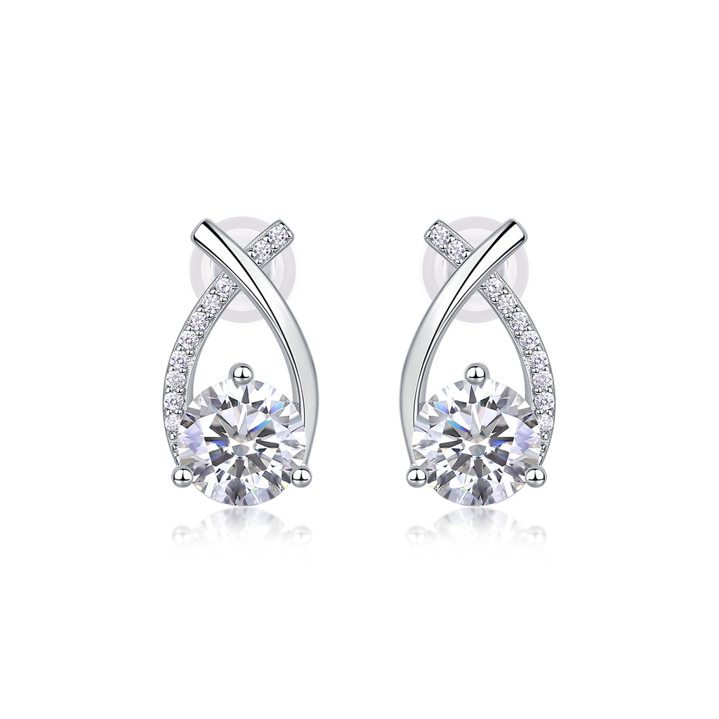 A pair of silver-tone curved drop earrings with round diamond details
