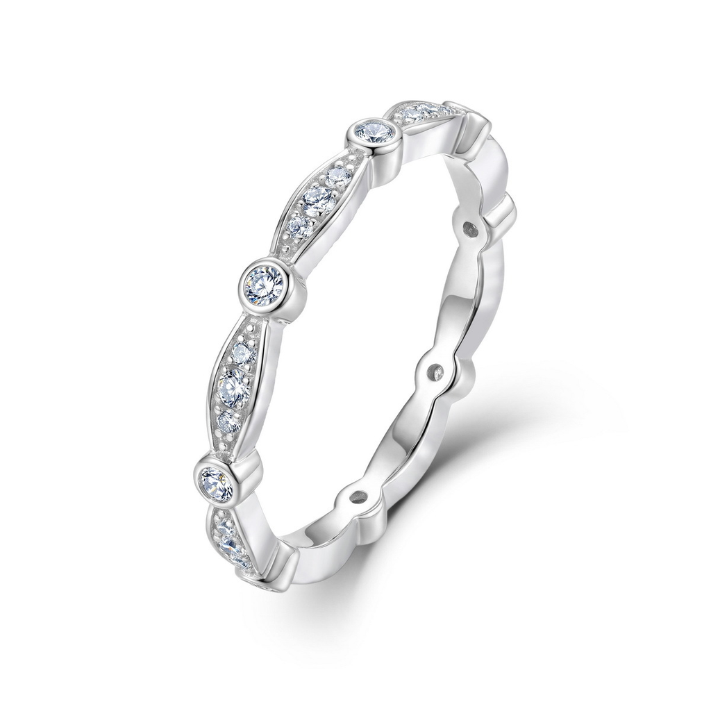 Silver-tone ring with marquise-shaped links and round stone details